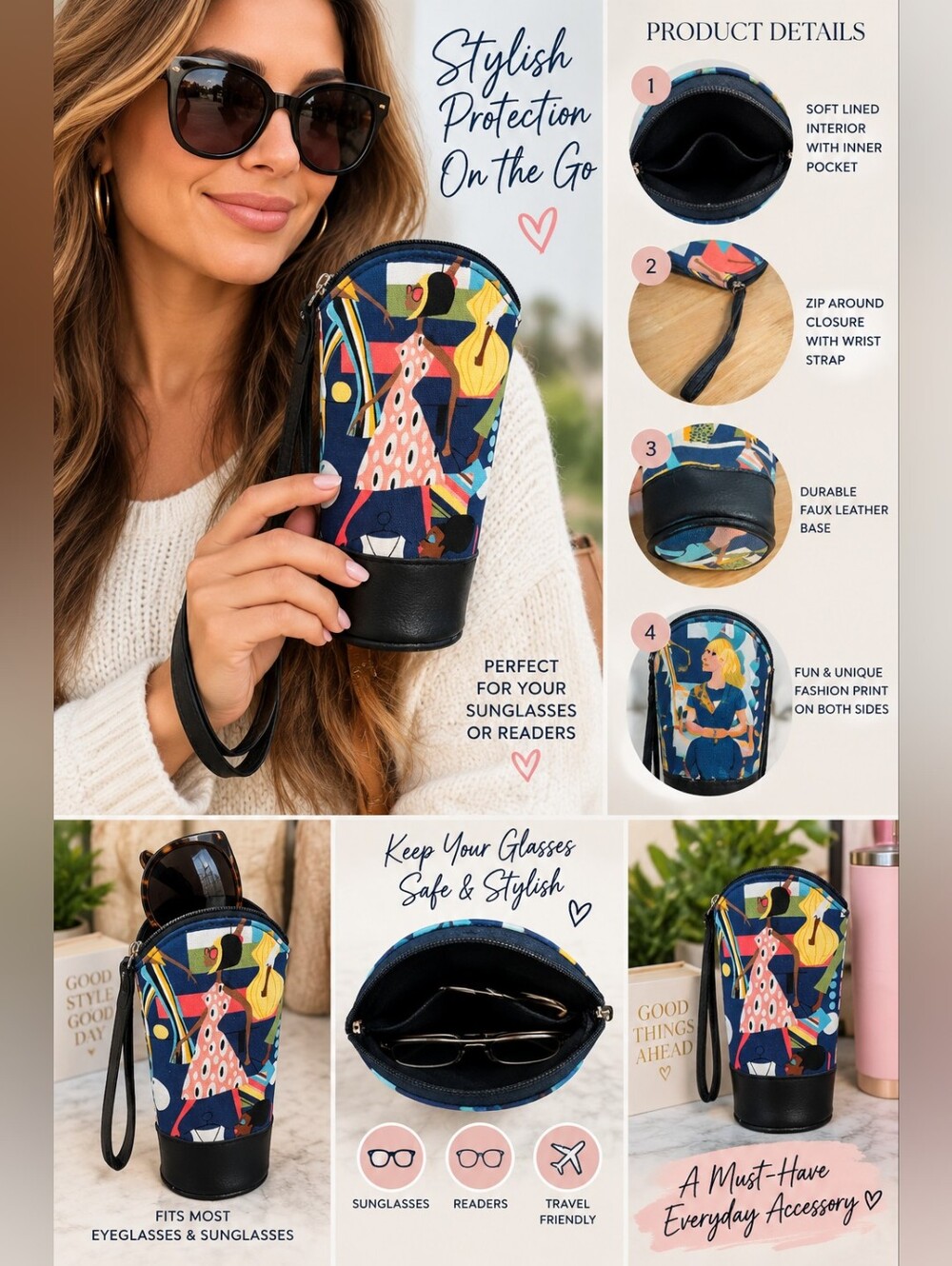 Colorful Fashion Print Zip-Around Eyeglasses / Sunglasses Wristlet Case